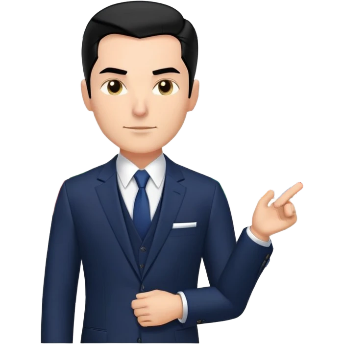 Hair: Slicked-back jet-black hair with sharp hairline Face: Defined jawline, slight crow’s feet from squinting Clothes: Slim-fit navy suit with pocket square Action: Laser-pointing at revenue charts during presentation emoji