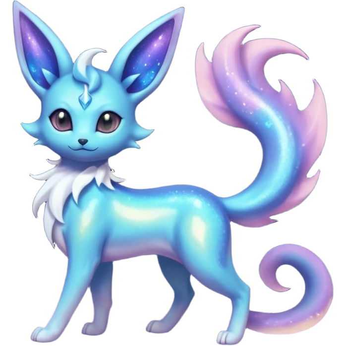 Shiny Iridescent Sparkly Nebulae Espeon-Umbreon-Vaporeon-Glaceon-Dragonair-Fakémon-hybrid-creature (full body)  with a galaxy-dust-flowing-gradient-tail emoji