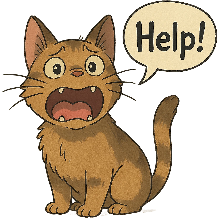 ghibli style cute cat, wide open mouth, shouting 'Help!' with expressive face emoji
