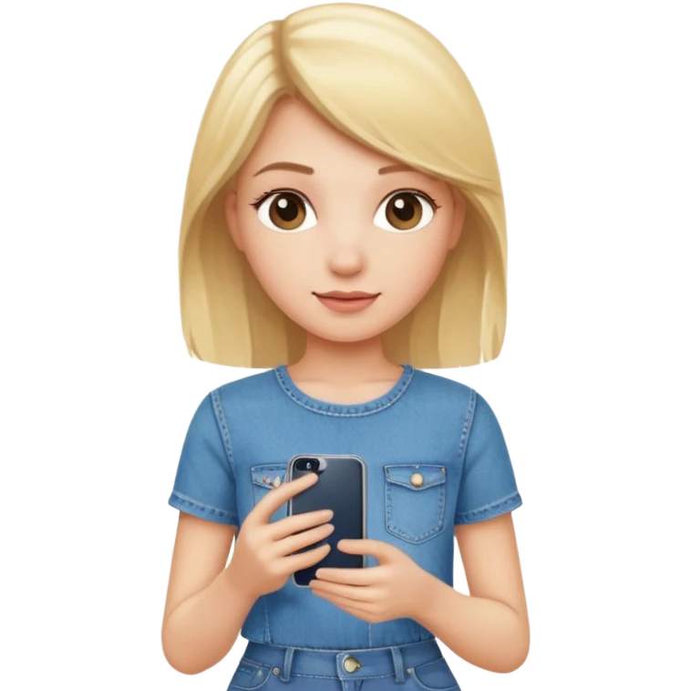 A blonde pretty girl wearing a denim skirt holding an iPhone 16 emoji