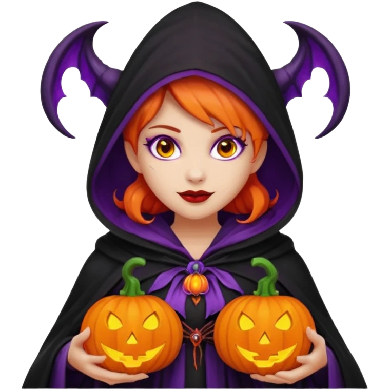 female-succubus-emoji,-red-skin,-purple-eyes,-elegant-face,-pumpkin-wreath-on-head,-black-hooded-cloak-with-cobweb-details,-holding-small-glowing-pumpkin-lantern,-halloween-fantasy emoji