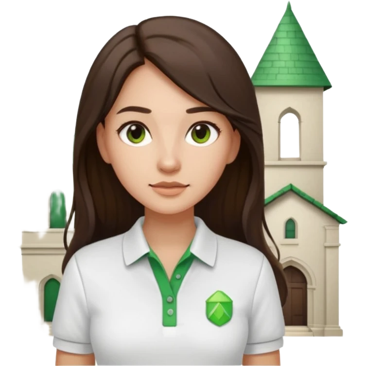 architect woman light skinned dark brown hair in WHITE POLO, long hair but then wearing proper architeture attire green touch of colors emoji