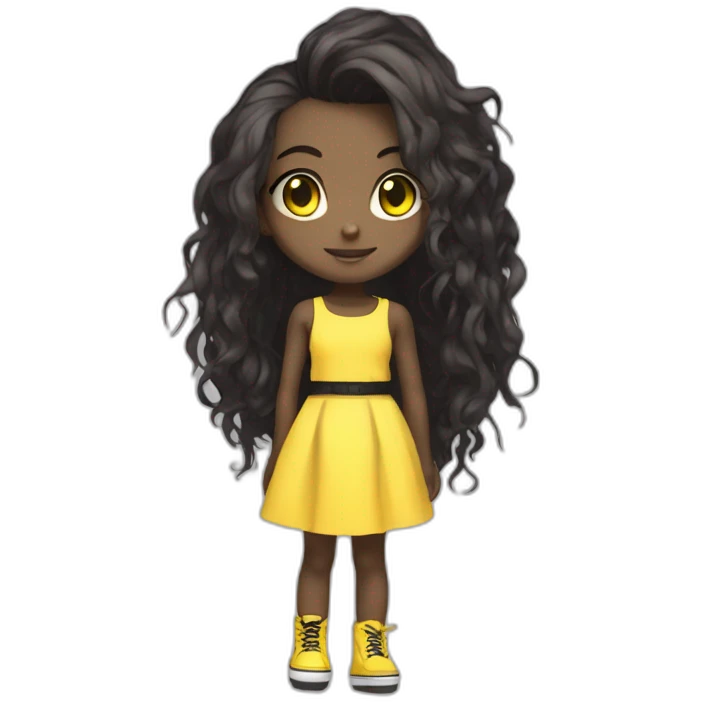 cute punk girl in yellow dress dark skin with yellow eyes and dark curvy hairs drummer anime style emoji