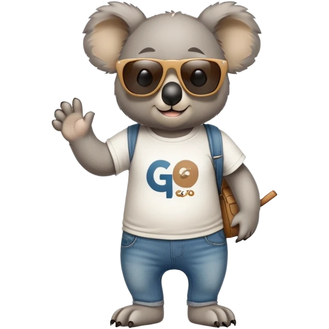 anthropomorphised koala wearing a 'Go' t-shirt and jeans with dark sunglasses walking upright emoji
