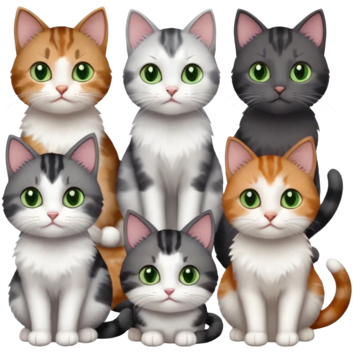 6 different coloured small cats including a dark grey and white, and a patchy calico, and a brown tabby and white,  and a completely solid dark grey with green eyes and only white paws emoji