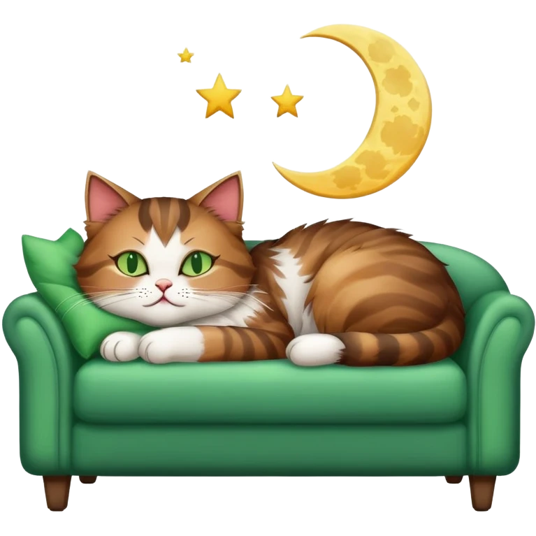 tricolor fluffy cat with big green eyes sleeping on a sofa with a moon above her emoji