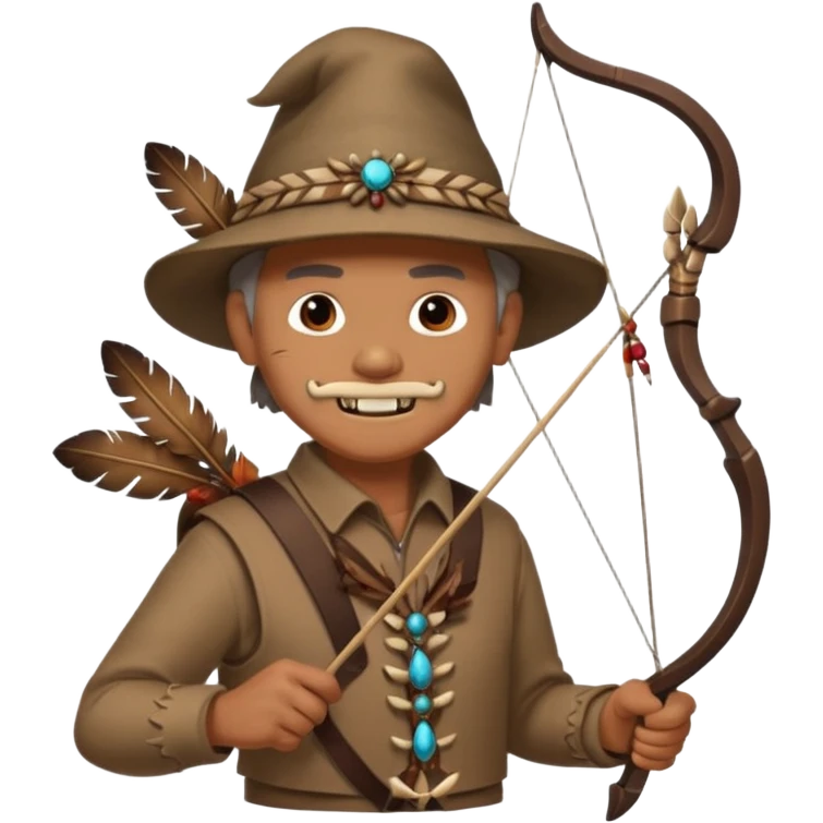 The classic image of a middle-aged uncle hunter carrying a bow, dressed in brown clothes, with some ornaments made of feathers, bones or teeth on his body. emoji