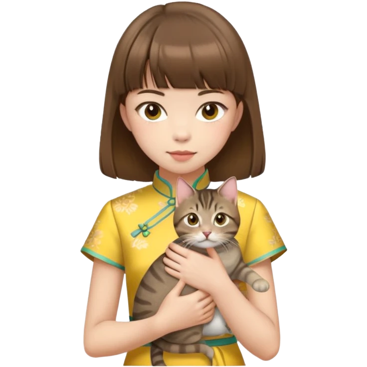 girl with brown hair and bangs wearing yellow qipao with a gray tabby cat emoji