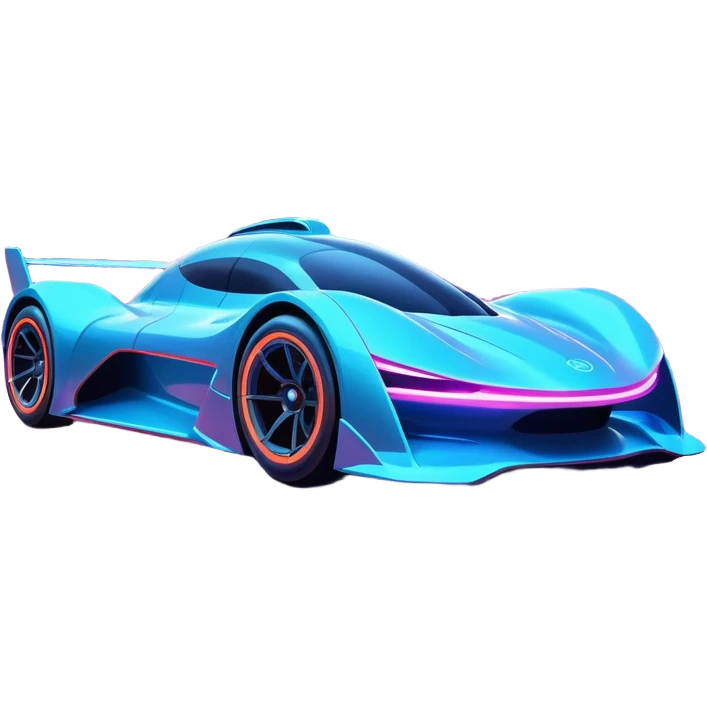 A futuristic racing car with glowing neon lights, sleek aerodynamic design, and a cyberpunk cityscape in the background. The car is speeding through a neon-lit street with high-tech buildings and holograms." emoji