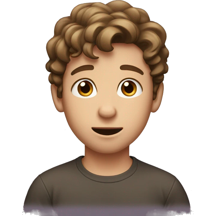 a boy with pronounced skin and short, wavy, brown hair with eyes like money and his hands on his ears, showing surprise emoji
