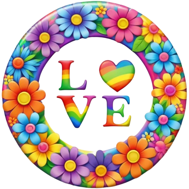 A round psychedelic colored button that says love, peace, and joy with rainbow colored hippie style flowers emoji