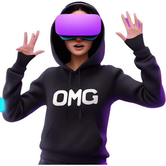 Russian girl wearing black hoody with violet letters "OMG", in vr headset oculus quest2. jumping. Cyberpunk style. Violet neon. emoji
