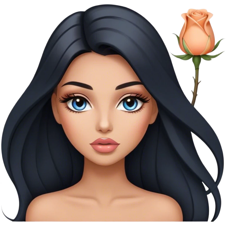 Glamours, tanned, very beautiful girl, with big pump peach-beige-rose lips, long long lashes, black straight smooth silky long hair, straight parting hair, blue-grey eyes emoji