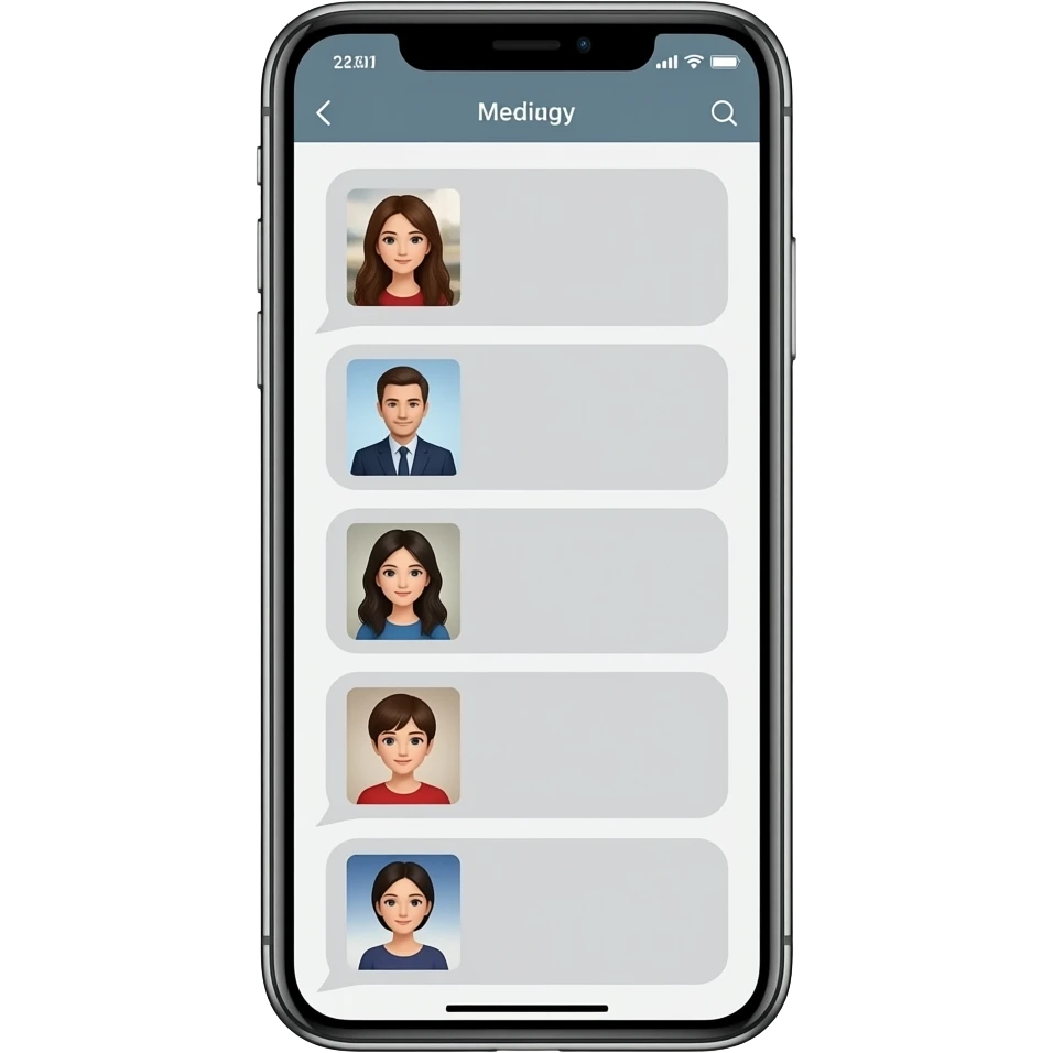 modern iphone device with messaging app open with profile pictures and medium grey and light grey bubbles emoji