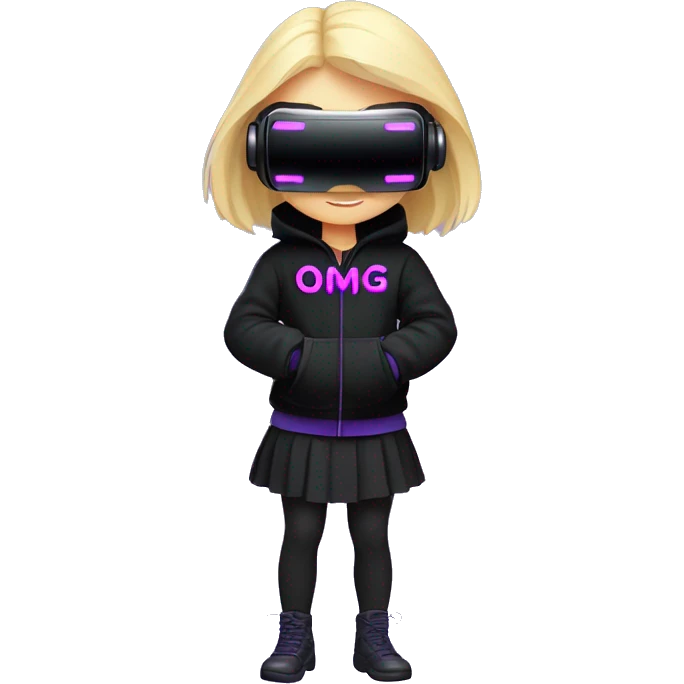 Russian cute blond student girl wearing black hoody with violet letters "OMG", in vr headset. No eyes. Cyberpunk style. Violet neon. emoji