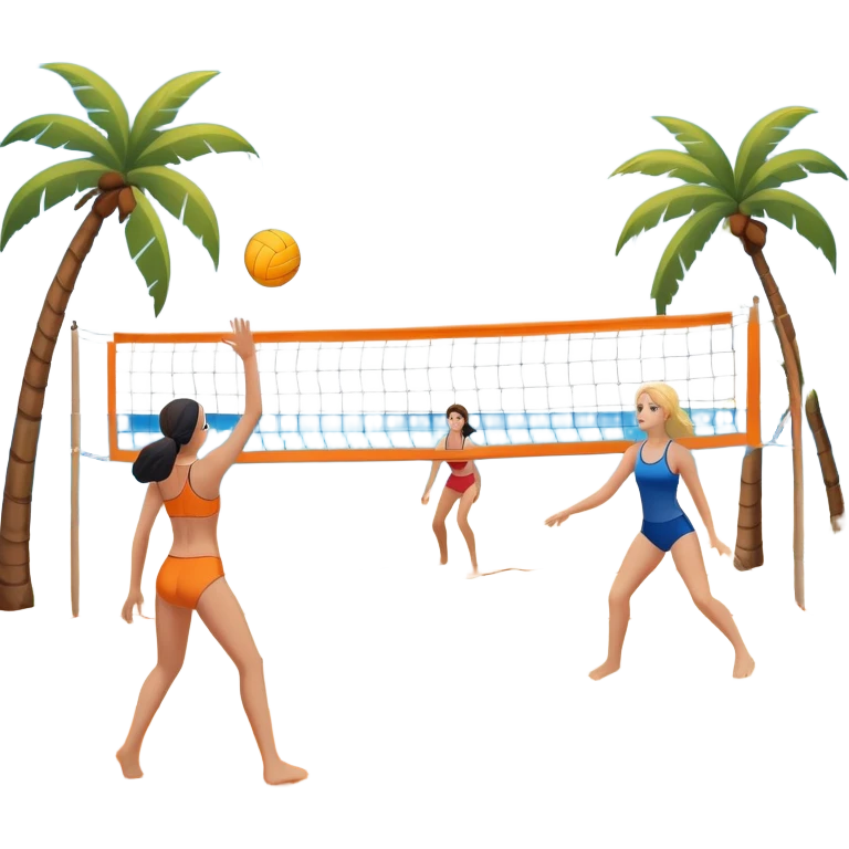 A volleyball resting on the orange sand of a beach, with a volleyball net in the background. The scene includes a beautiful beach landscape with blue sea, sky, and palm trees, while a couple of women in swimsuits play in the distance, capturing the relaxed yet competitive vibe of beach volleyball. emoji