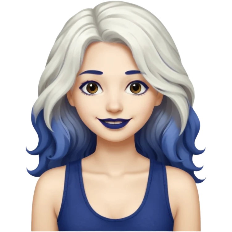 woman with wavy long white hair and brown eyes with dark blue lipstick smiling in a grunge tanktop emoji