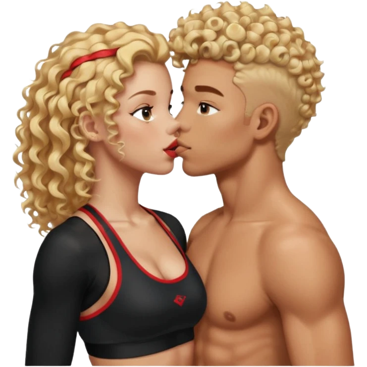athletic man, high top fade, blonde curly hair only top only, no shirt and Athletic girl with long wavy red hair and black sports bra, Put them together kissing, or holding hands emoji