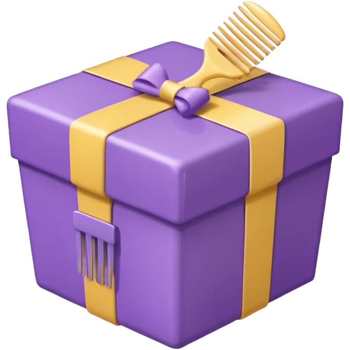 Kawaii emoji illustration of a purple gift box with a comb inside, chubby proportions, glossy finish, pastel colors, soft shading, adorable style, simple and clean design, transparent background emoji