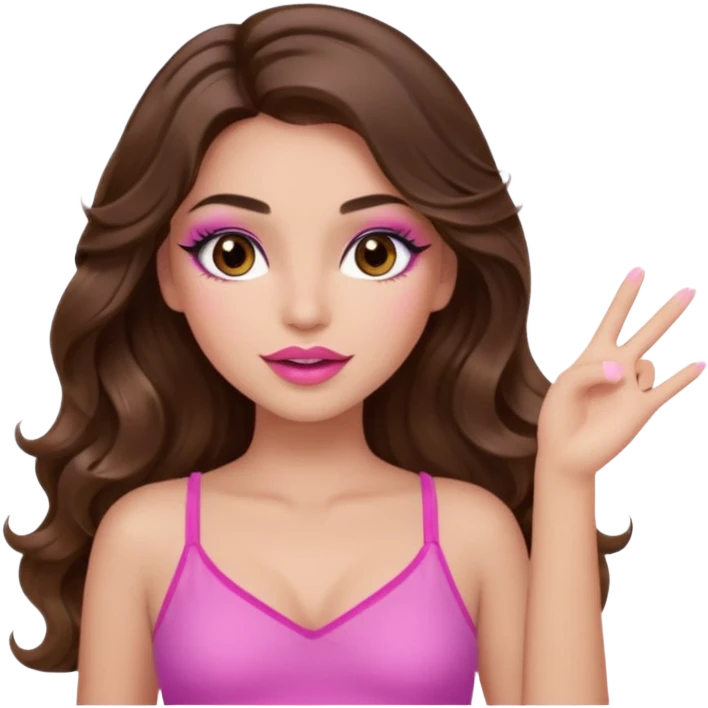 girl with long wavy brown hair, brown eyes, long lashes makeup, sexy pink lips, light to medium complexion, wearing a pink sexy top, one hand in the air high emoji