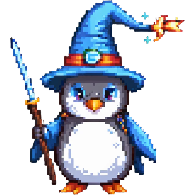 Penguin dressed as a wizard with a magical wand and pointy wizard hat emoji