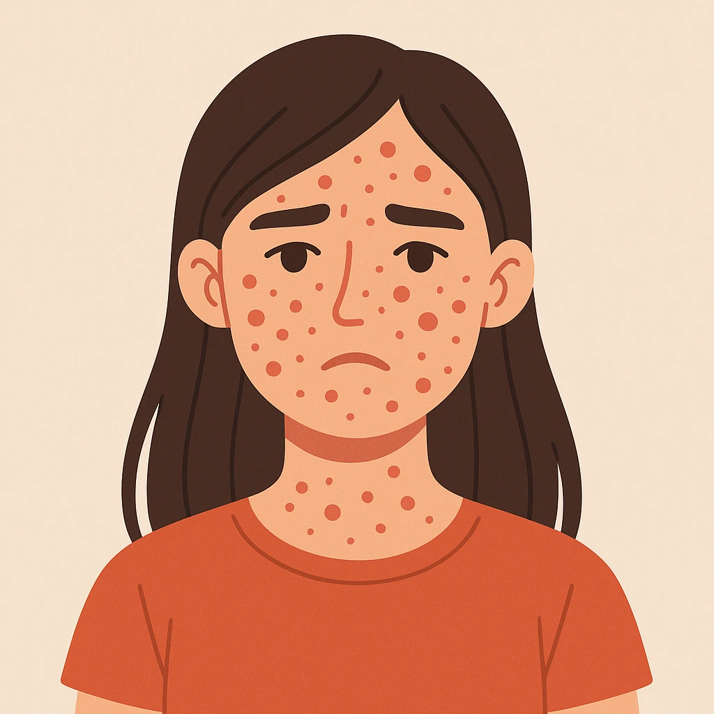 flat-toon style chica con acné en el rostro, fondo claro emoji