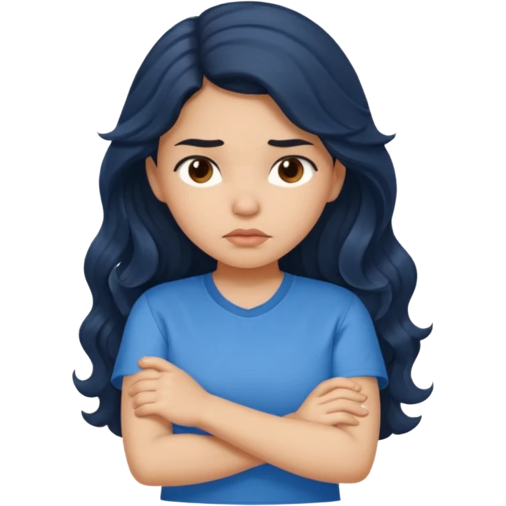 Hispanic girl with long dark wavy hair crossing her arms and slightly pouting emoji