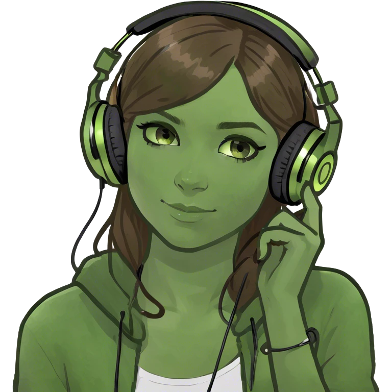 Girl with brown hair green eyes with headphones jamming to music  emoji