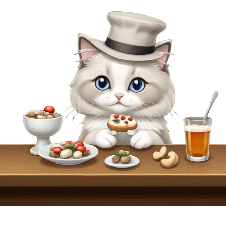 A ragdoll cat eating mushrooms in a bar emoji