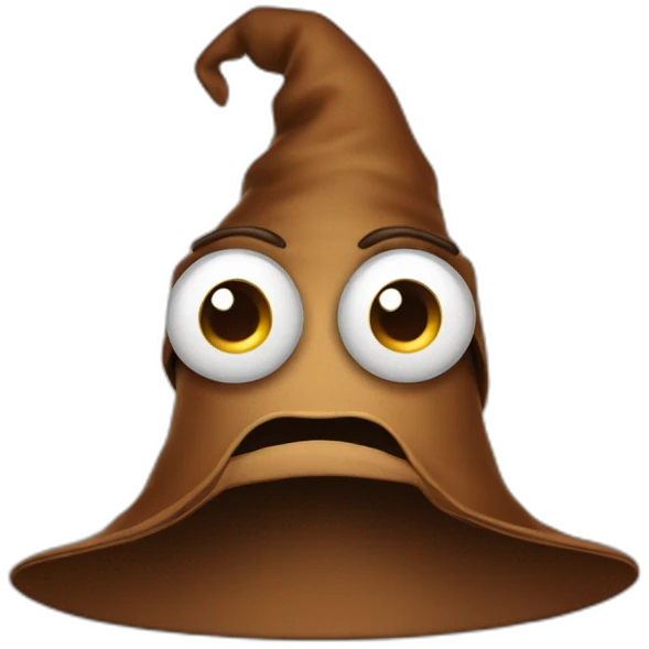 Brown wizard hat with mouth and eyes emoji