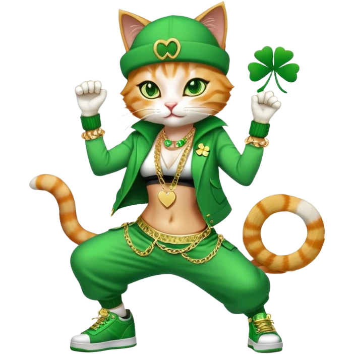 female cat dressed in hip-hop Run DMC style with green outfit, shamrock accessories, gold chains, bling, St. Patrick's Day, break dancing emoji