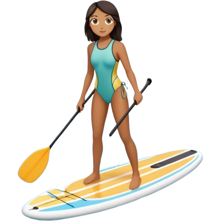 Dark haired girl paddleboarding on lake emoji