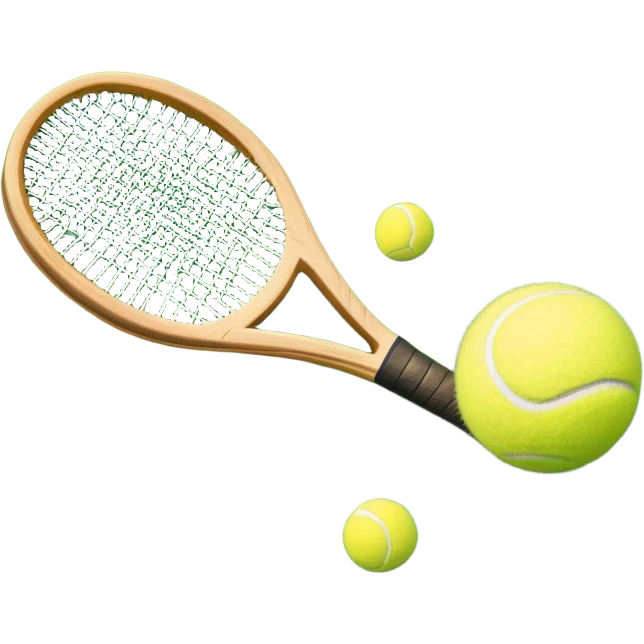 A detailed tennis racket resting on lush green grass beside a bright yellow tennis ball. The scene captures the essence of classic lawn tennis, with a crisp and clean background emphasizing the elegance and tradition of the sport emoji