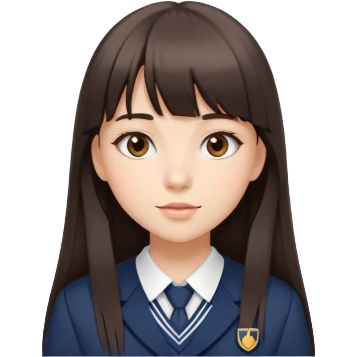 Attractive female student with long straight dark brown hair with bangs, beautiful school uniform, subtle makeup emoji