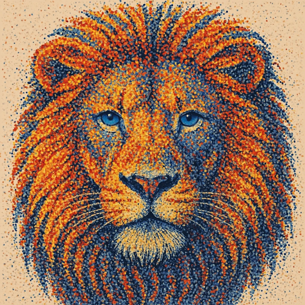 A majestic lion's face with a detailed mane, created using hundreds of small colorful dots that blend together to form a striking portrait emoji