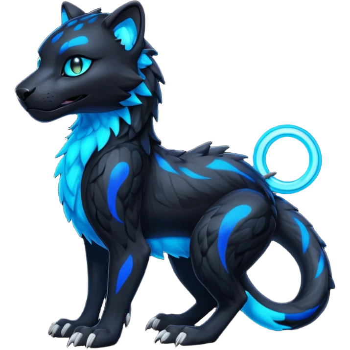 Realistic Obsidian-pitch-black fur body with neon-glowing-blue ring-markings Grem2-Gremz-Panther-Sergal-fusion, full body  emoji
