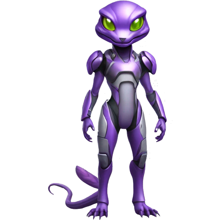 Lizard-Reptile-Raptor-Alien-Genesect-Mewtwo-Fakémon, with a futuristic visor-helmet, wearing a techwear-suit, Full Body emoji