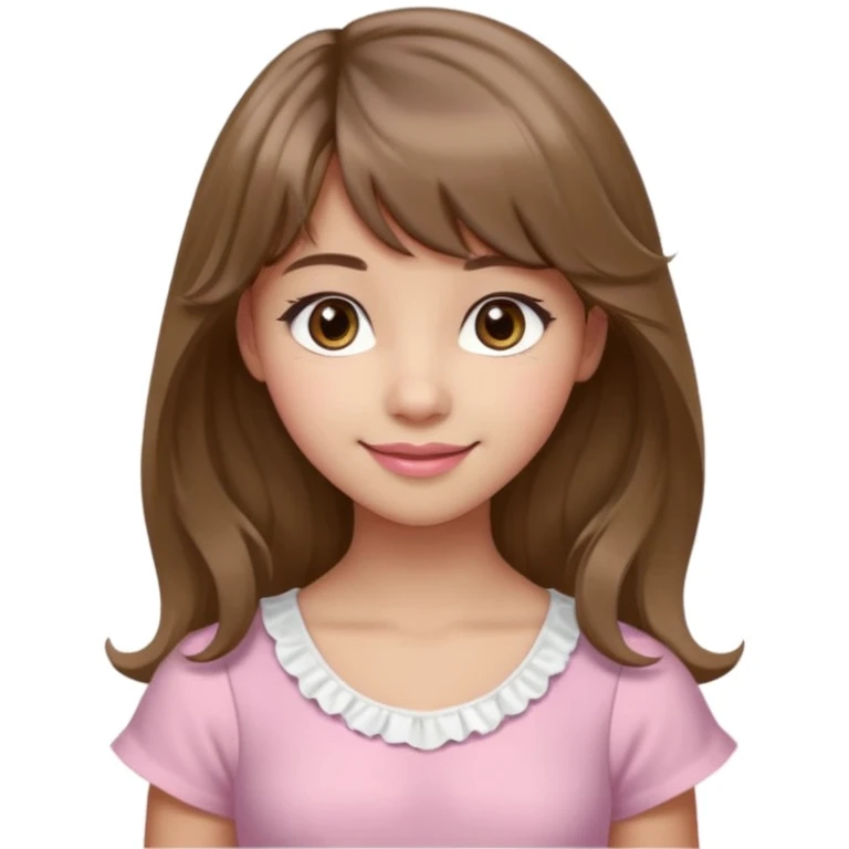 A teenage cute girl with very light olive skin and soft pinkish cheeks. Large bambie dark hazel eyes. Long wavy light brown hair with soft bangs. Features are very feminine and beautiful. medium straight nose with a soft tip. Medium natural pink lips. Wearing a simple dress in pink and white.  emoji
