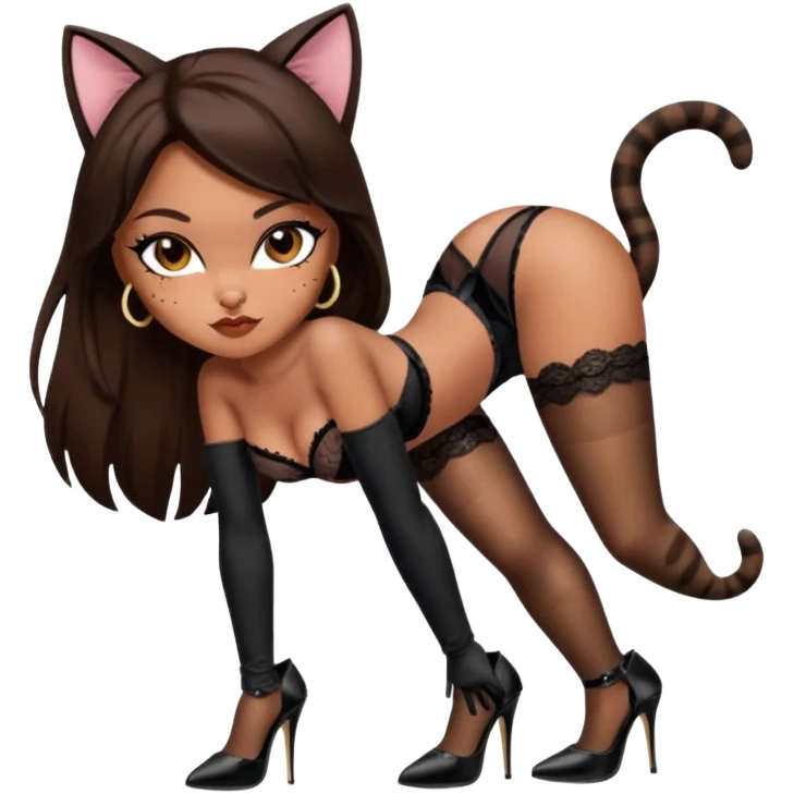 A sexy bratz girl. with caramel skin. Dark brown hair and brown eyes. She has freckles. Wearing sexy makeup. Dressed as a sexy cat. wearing lingerie. black heels on and long black gloves  emoji