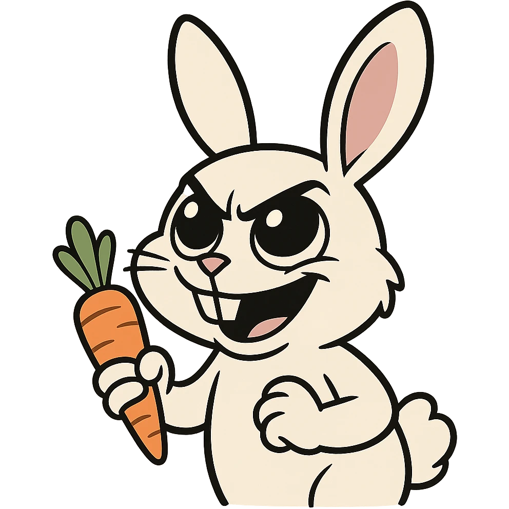 an evil white rabbit holding a carrot, looking upwards with cute big eyes, cartoon style emoji