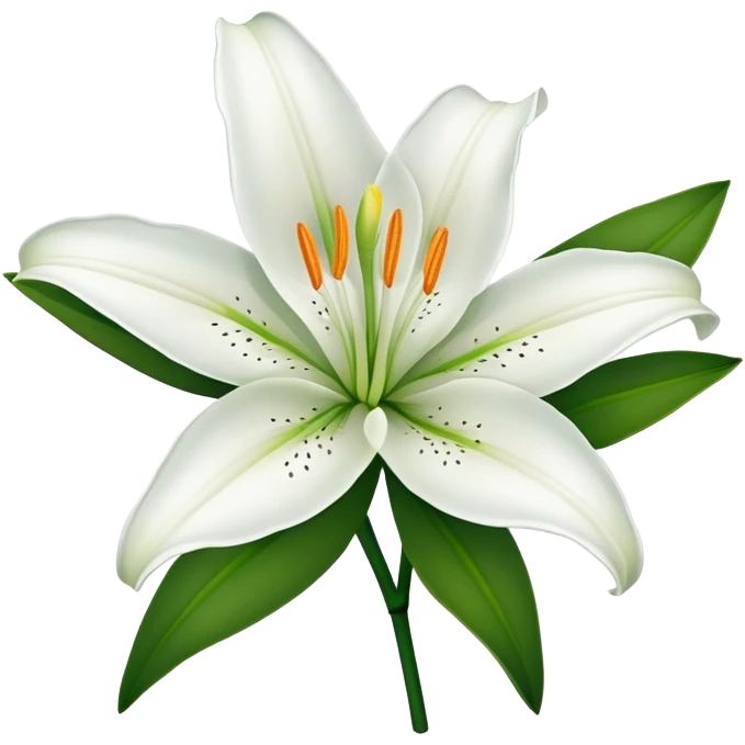 Botanically accurate white lily flower with exactly six petals, six stamens, and green stem emoji