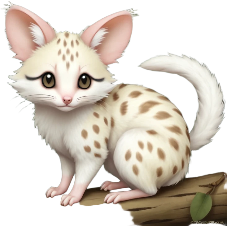 Albino-white, soft natural realistic romantic vintage antique divine beautiful elegant pretty precious cute young youthful  Fakémon-Pokémon-opossum-feline-mouse-serval-caracal-chinchilla-Minccino-Cinccino-Meowstic-rodent-hybrid-creature with a big fluffy bushy tail (full body) emoji
