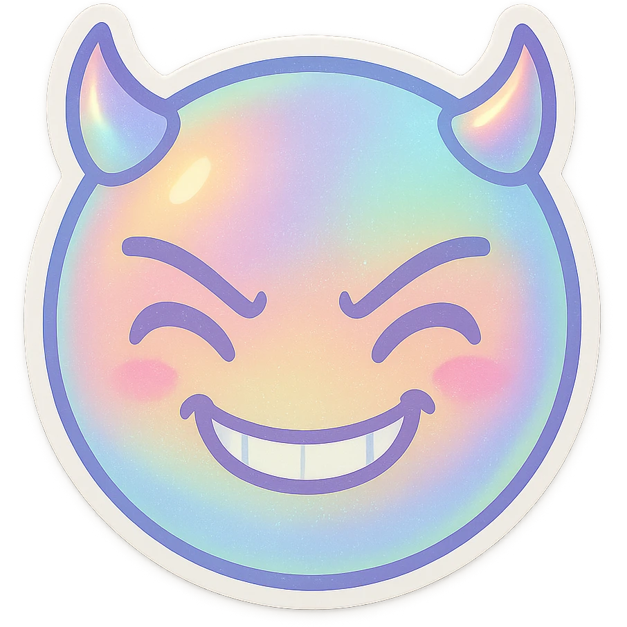 devil emoji, chibi style, holographic effect, iridescent pastel colors, small horns, mischievous grin, gentle highlights emoji