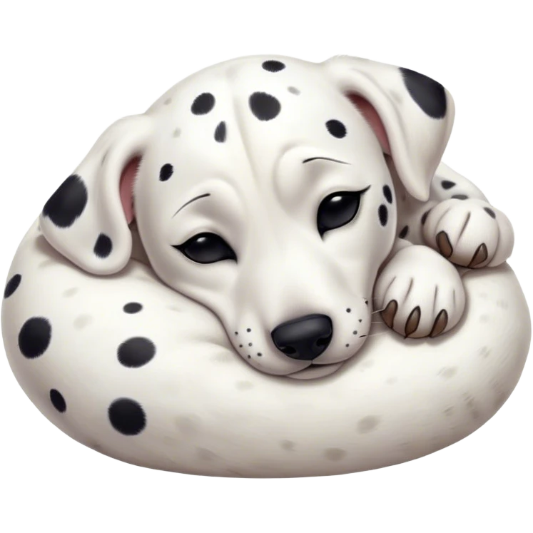 Cinematic cute Sleeping Dalmatian Portrait Emoji, cute and serene, with a round, plump build and a glossy white coat adorned with distinctive black spots, eyes gently closed in peaceful slumber, Simplified yet irresistibly endearing features, highly detailed, glowing with a gentle, dreamy glow, high shine, relaxed and content, stylized with a touch of whimsy, bright and heartwarming, soft glowing outline, capturing the essence of a blissfully sleepy companion, so comically serene it feels like it could roll out of the screen and snore with adorable charm! emoji