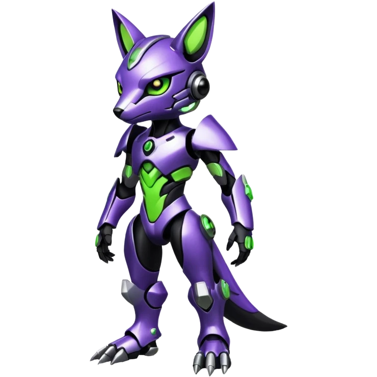 Futuristic modern cyborg badass cool shiny metallic alloy black-obsidian purple neon-green white lime animal hybrid Fakemon full body emoji