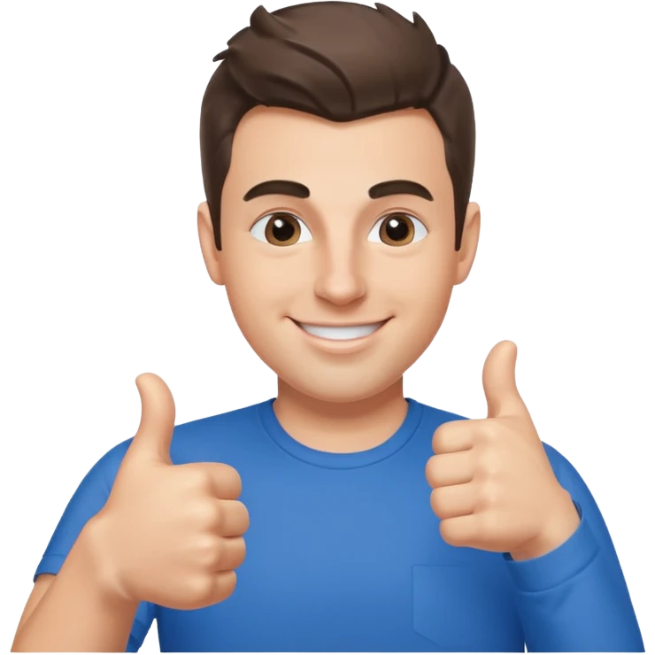 Brian Chesky as an apple-style emoji, smiling, giving a thumbs up, wearing blue shirt emoji