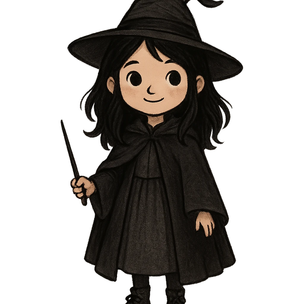 A cute witch with black hair and black eyes, Harry Potter style, full body. emoji