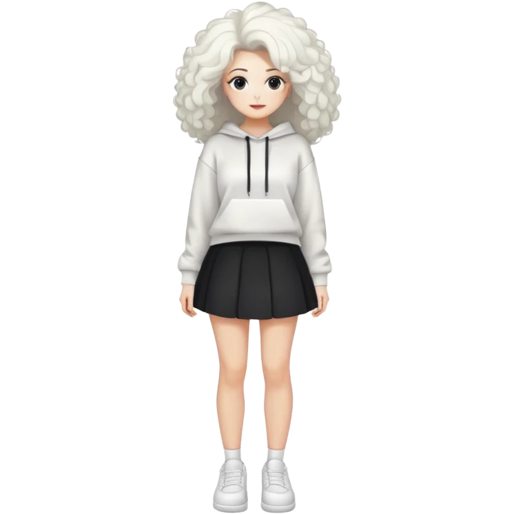 Female with slim hourglass figure, white big hair, wearing white sweatshirt, black skirt, and white shoes, full body pose emoji