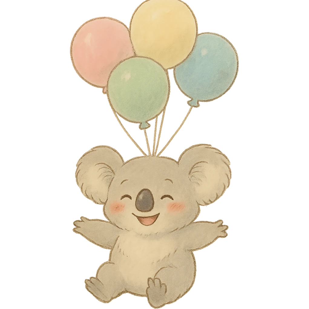 koala floating with pastel balloons, happy face, soft Ghibli style emoji