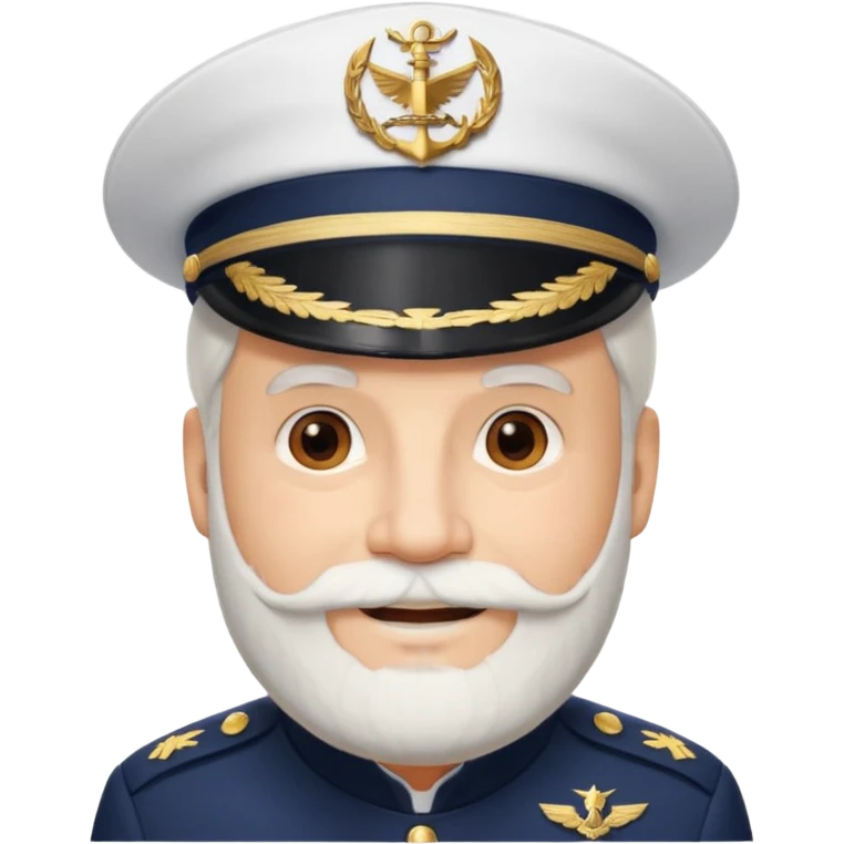 A light-skinned mid-aged man with brown eyes and white beard, smiling while wearing a white captain’s hat with a navy emblem. emoji